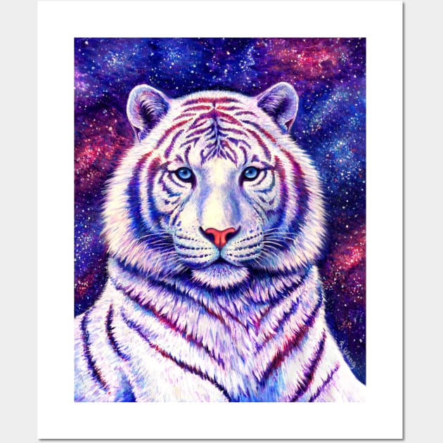 Among the Stars Colorful Cosmic White Tiger Wall Art by rebeccawangart